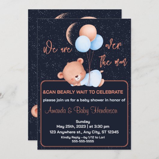 月の上でテディベアセージ緑の赤ちゃんシャワー 招待状 (正面/裏面)