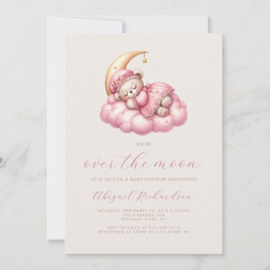 月の上でテディベアーピンクの女の子の赤ちゃんシャワー 招待状 (正面)