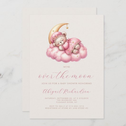 月の上でテディベアーピンクの女の子の赤ちゃんシャワー 招待状 (正面/裏面)