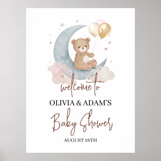 月の上でテディベア赤ちゃんシャワー歓迎のサイン ポスター (正面)