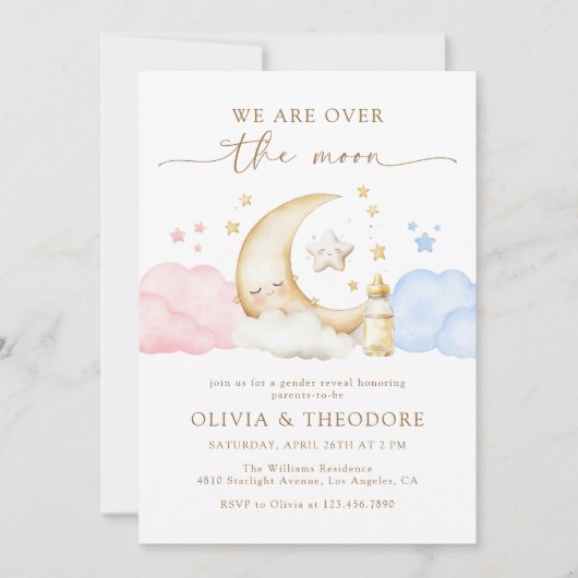 月の上でピンクと青のジェンダーがパーティーを明かす 招待状 (正面)