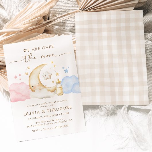 月の上でピンクと青のジェンダーがパーティーを明かす 招待状