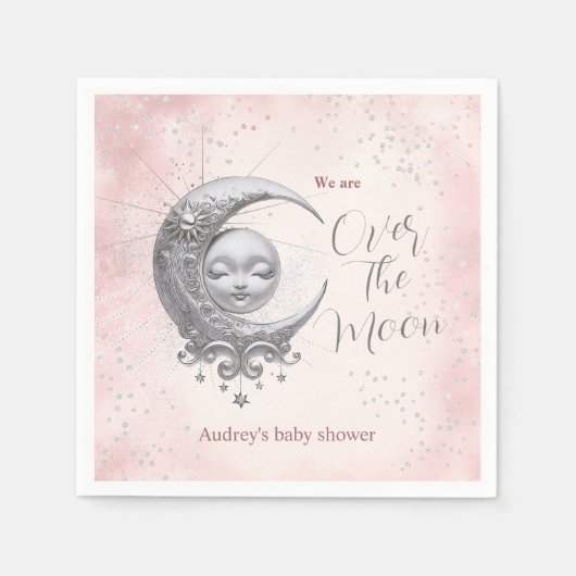 月の上でピンクの女の子の赤ん坊のシャワーナプキン スタンダードカクテルナプキン (正面)