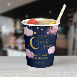 月の上でピンクの赤ちゃんシャワー 紙コップ