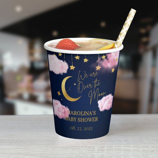 月の上でピンクの赤ちゃんシャワー 紙コップ