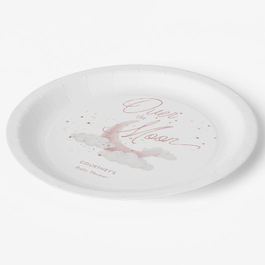 月の上でピンクの金ゴールド星ベビーシャワー ペーパープレート (アングル)