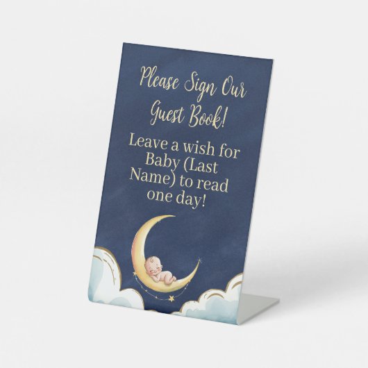 月の上でベビーの天をテーマにした赤ちゃんシャワー 台座サイン (正面)