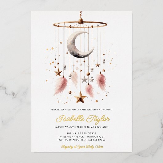 月の上でボホシアルガールベビーシャワー金ゴールド 箔招待状 (正面)