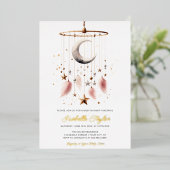 月の上でボホシアルガールベビーシャワー金ゴールド 箔招待状 (立ち正面)