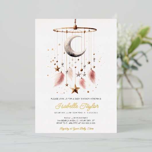 月の上でボホシアルガールベビーシャワー金ゴールド 箔招待状 (立ち正面)