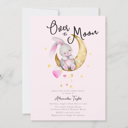 月の上で星うさぎピンクの女の子の赤ちゃんシャワー 招待状 (正面)