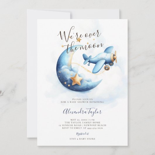 月の上で星の飛行機の青い男の赤ちゃんシャワー 招待状 (正面)
