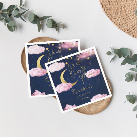 月の上で星ピンクの赤ちゃんシャワー招待状 スタンダードカクテルナプキン