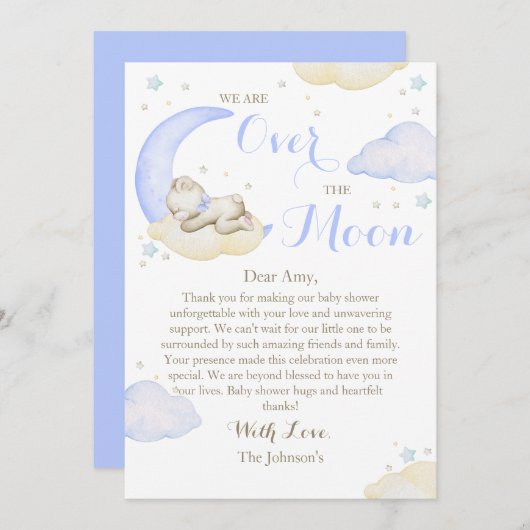 月の上で男の子は赤ん坊のシャワーを負担 サンキューカード (正面/裏面)