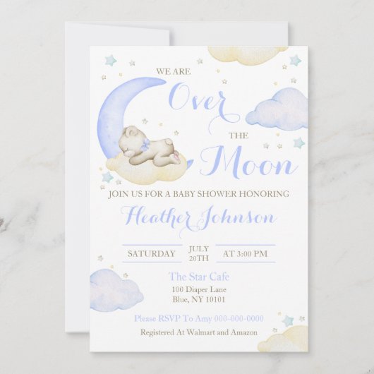 月の上で男の子は赤ん坊のシャワーを負担 招待状 (正面)