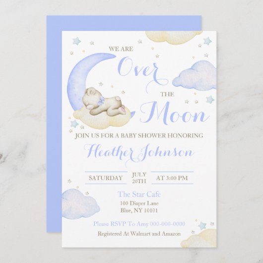 月の上で男の子は赤ん坊のシャワーを負担 招待状 (正面/裏面)