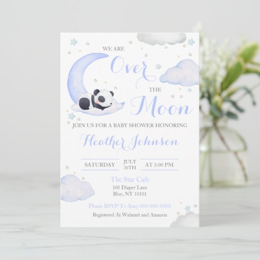 月の上で男の子パンダのベビーシャワー 招待状 (スタンド正面)
