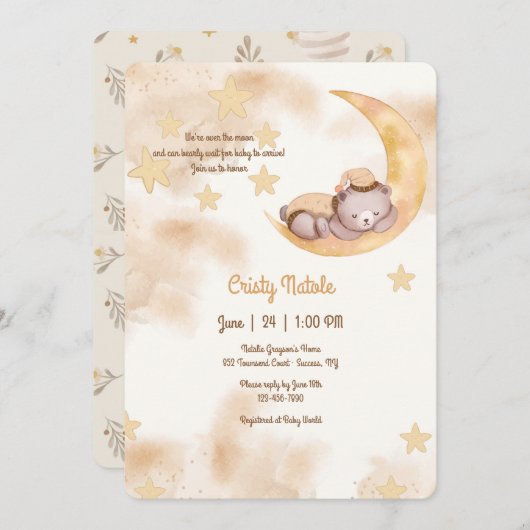 月の上で眠いテディベア赤ちゃんシャワー 招待状 (正面/裏面)