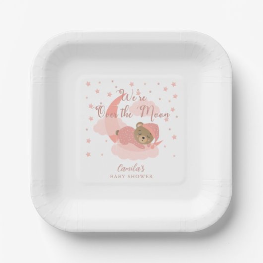 月の上で眠っているクマの女の子の赤ちゃんシャワー ペーパープレート (正面)