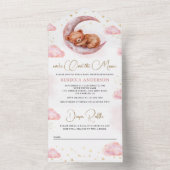 月の上で眠っているテディベアピンクの赤ちゃんシャワー オールインワン招待状 (内側)
