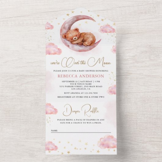 月の上で眠っているテディベアピンクの赤ちゃんシャワー オールインワン招待状 (内側)