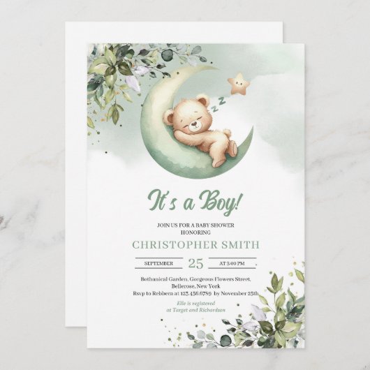 月の上で眠っているテディベア男女兼用 招待状 (正面/裏面)