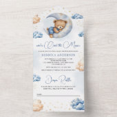 月の上で眠っているテディベア青い赤ちゃんシャワー オールインワン招待状 (内側)