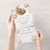 月の上で眠っているテディベアBohoベビーシャワー オールインワン招待状 (貼ってはがせる)