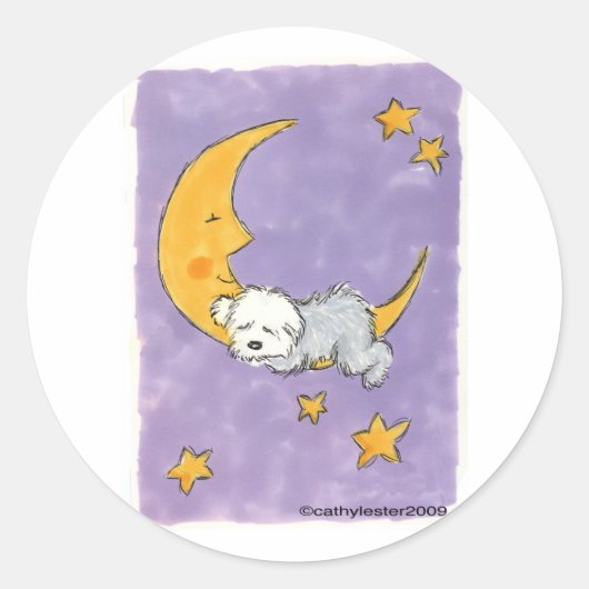 月の上で眠っている子犬 ラウンドシール (正面)