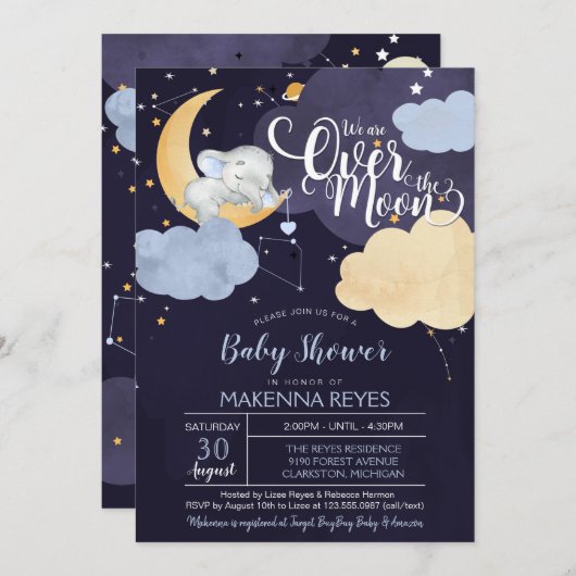 月の上で眠っている象の男の子のシャワー 招待状 (正面/裏面)