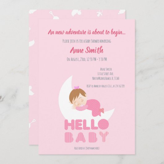 月の上で眠っている赤ちゃん女の子ベビーシャワーのインビタット 招待状 (正面/裏面)