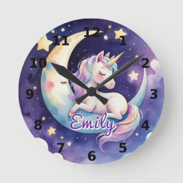 月の上で眠るユニコーン　名前入り時計 ラウンド壁時計