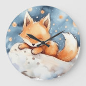 月の上で眠る子ぎつね 水彩画 キッズ ラージ壁時計 (正面)
