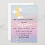 月の上で赤ちゃんシャワーピンク紫の女の子の星 招待状 (正面/裏面)