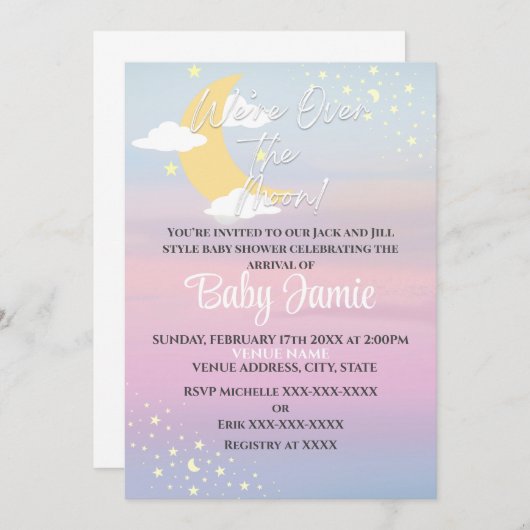 月の上で赤ちゃんシャワーピンク紫の女の子の星 招待状 (正面/裏面)