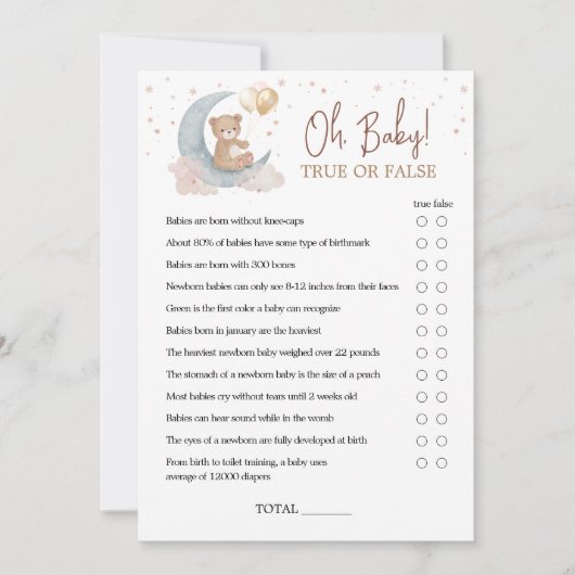 月の上で赤ちゃんシャワー真偽のゲームカード 招待状 (正面)