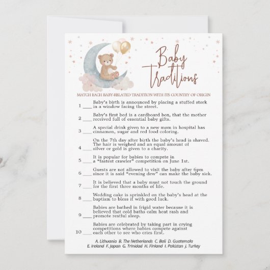 月の上で赤ちゃんシャワー真偽のゲームカード 招待状 (正面)