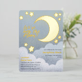月の上で赤ん坊が青い空の月と星をシャワー 箔招待状 (立ち正面)