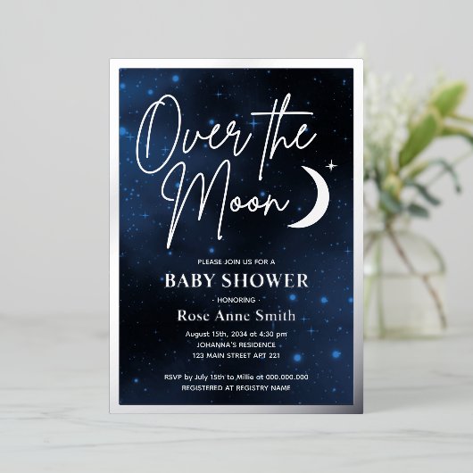 月の上で赤ん坊のシャワー実在銀 箔招待状 (立ち正面)
