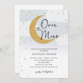 月の上で金ゴールド星ベビシャワーブルー 招待状 (正面/裏面)