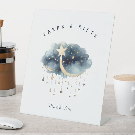 月の上で金ゴールド星ベビーシャワーカード&ギフト 台座サイン (インサイチュ)