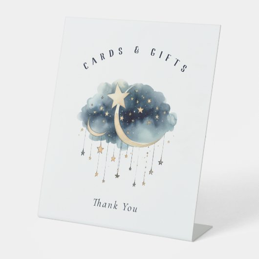 月の上で金ゴールド星ベビーシャワーカード&ギフト 台座サイン (正面)