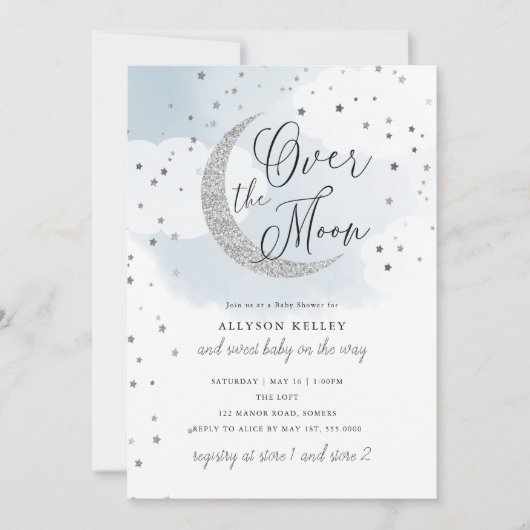 月の上で銀の星の青い赤ちゃんシャワー 招待状 (正面)