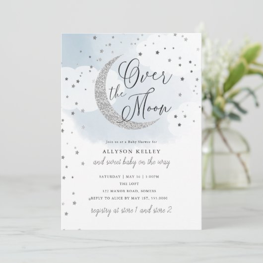 月の上で銀の星の青い赤ちゃんシャワー 招待状 (スタンド正面)