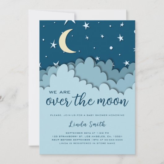 月の上で青い星の男の子の赤ちゃんシャワー 招待状 (正面)