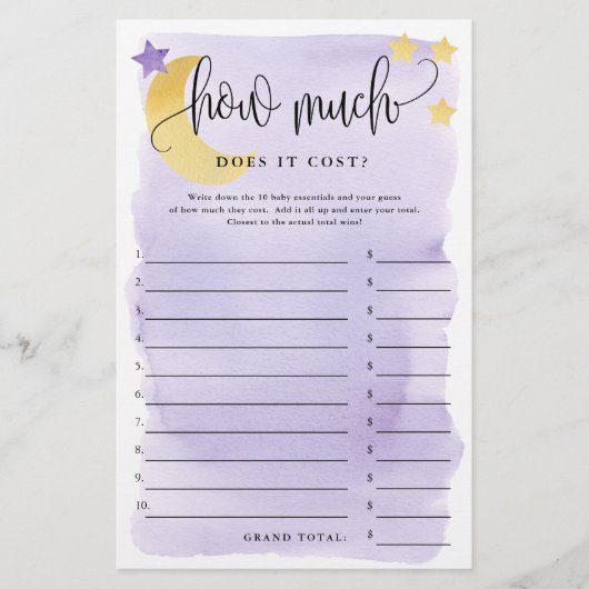 月の上で、どのくらいか – 紫の紙ゲームカード チラシ (正面)