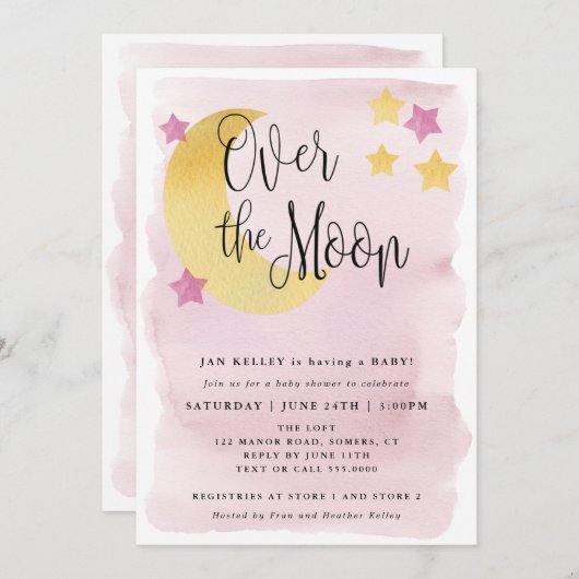 月の上で、ピンクの水色の赤ちゃんシャワー 招待状 (正面/裏面)