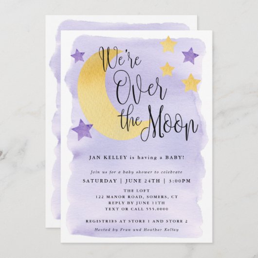 月の上で、紫の水色の赤ちゃんシャワー 招待状 (正面/裏面)