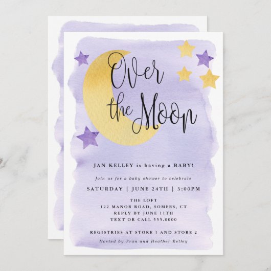 月の上で、紫の水色の赤ちゃんシャワー 招待状 (正面/裏面)