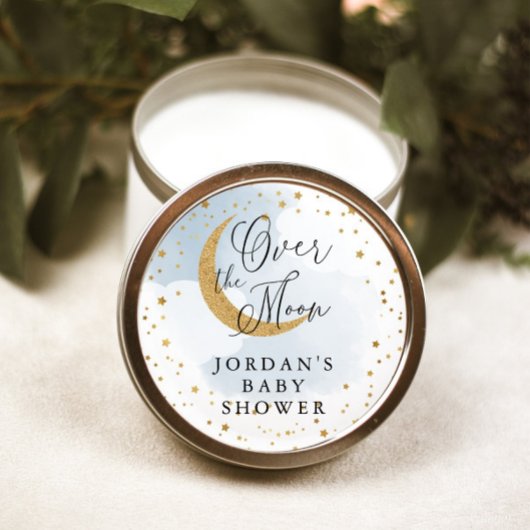 月の上で、金ゴールドグリッターブルーベビーシャワーのお願い ラウンドシール